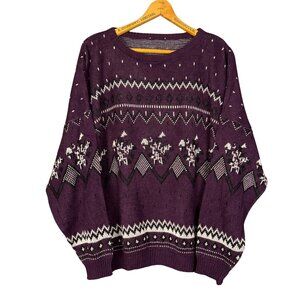Vintage 90s Grandpa Knit Sweater Purple Fair Isle Snowflake Pattern Indie Cozy